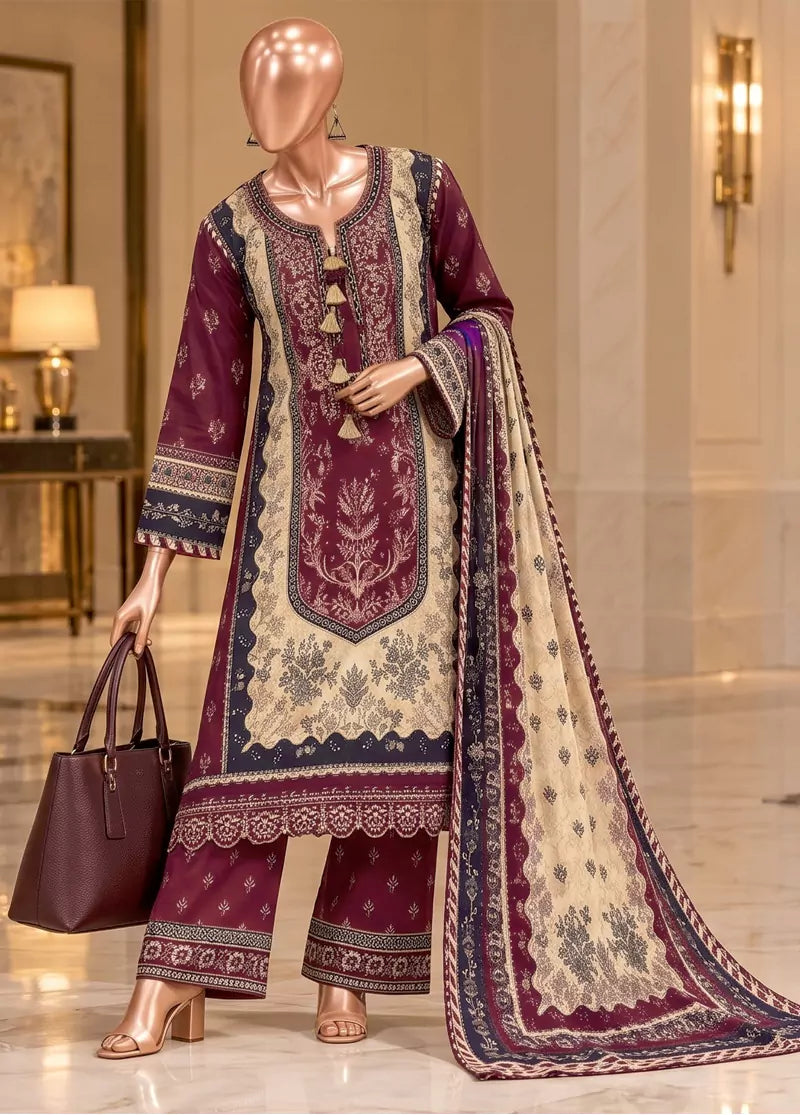3 Piece Embroidered Stitched Maroon Color Viscose Shirt with Trouser & Dupatta