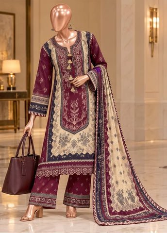3 Piece Embroidered Stitched Maroon Color Viscose Shirt with Trouser & Dupatta
