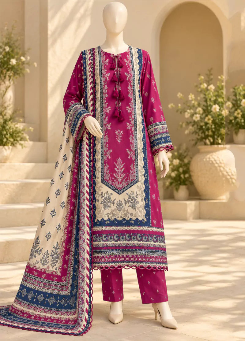 3 Piece Printed Stitched Shocking Pink Color Viscose Linen Kaftan with Trouser & Dupatta