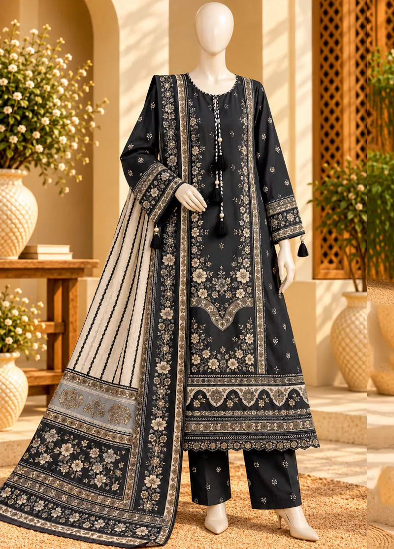 3 Piece Printed Stitched Black Color Viscose Linen Kaftan with Trouser & Dupatta