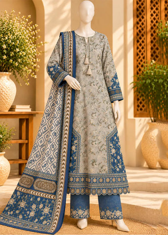 3 Piece Printed Stitched Pista Green & Blue Color Viscose Linen Kaftan with Trouser & Dupatta