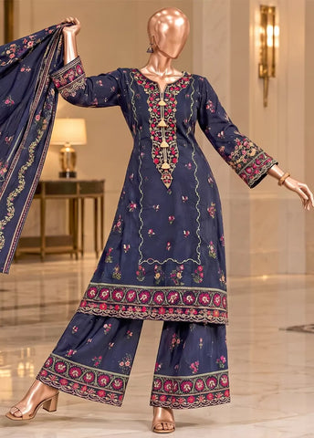3 Piece Embroidered Stitched Navy Blue Color Viscose Shirt with Trouser & Dupatta