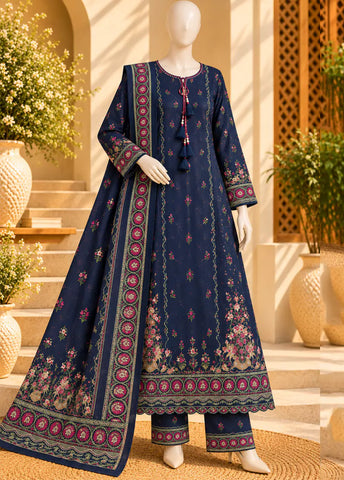 3 Piece Printed Stitched Navy Blue Color Viscose Linen Kaftan with Trouser & Dupatta