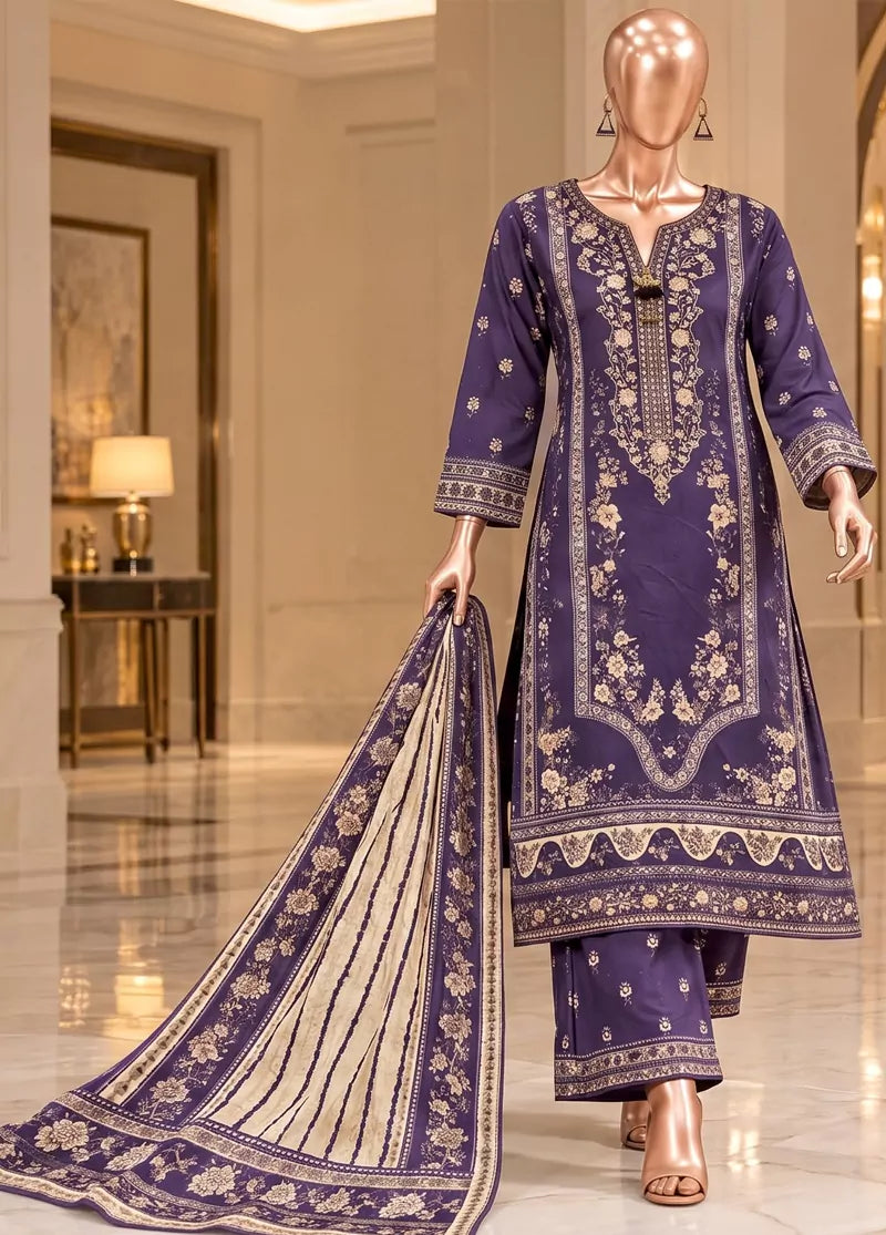 3 Piece Embroidered Stitched Purple Color Viscose Shirt with Trouser & Dupatta