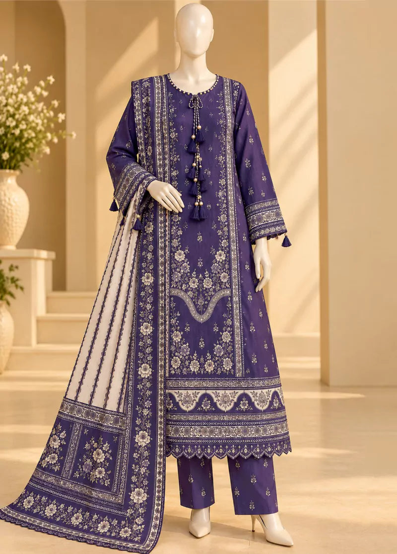 3 Piece Printed Stitched Purple Color Viscose Linen Kaftan with Trouser & Dupatta