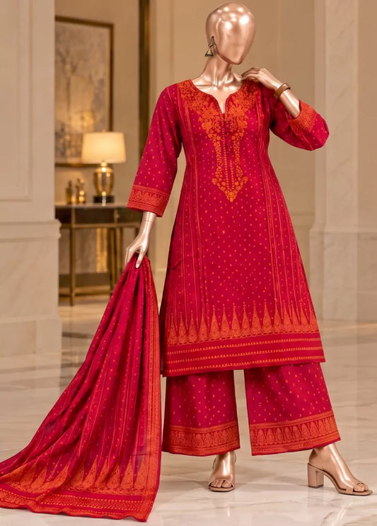3 Piece Embroidered Stitched Red Color Viscose Shirt with Trouser & Dupatta