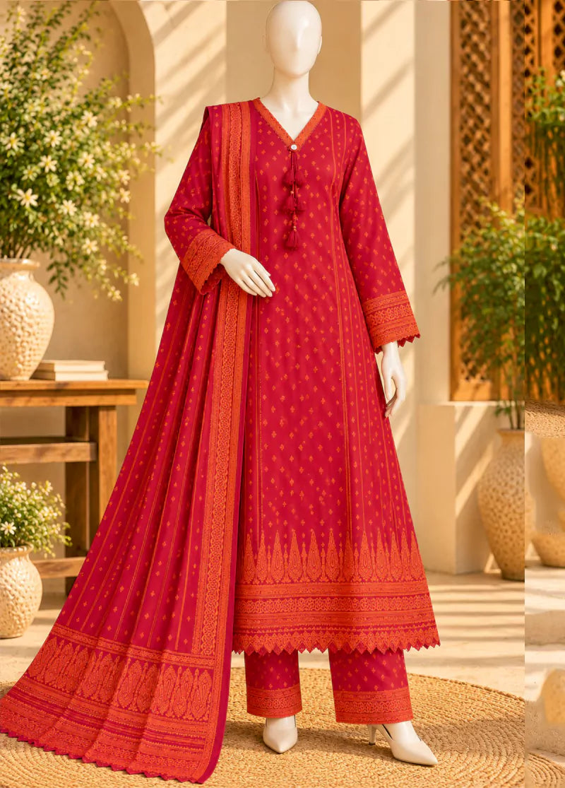 3 Piece Printed Stitched Red Color Viscose Linen Kaftan with Trouser & Dupatta