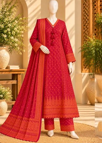 3 Piece Printed Stitched Red Color Viscose Linen Kaftan with Trouser & Dupatta