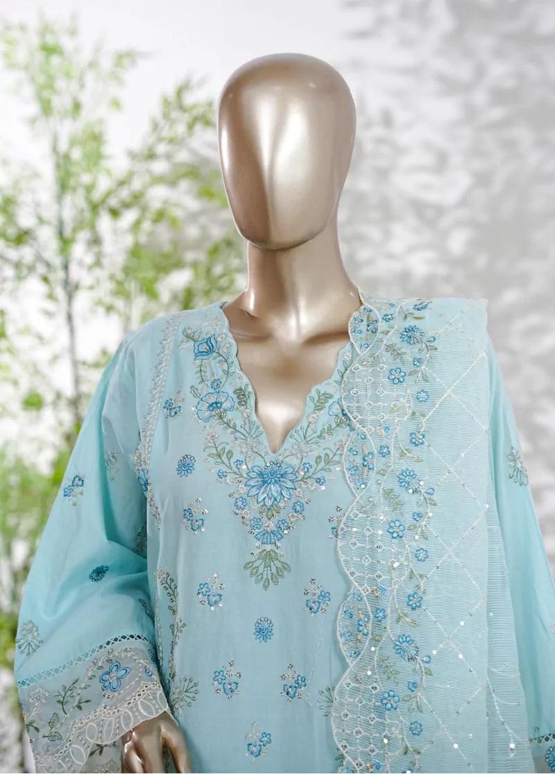 3 Piece Aqua Blue Color Embroidered Lawn Shirt with Trouser & Embroidered Dupatta