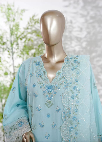 3 Piece Aqua Blue Color Embroidered Lawn Shirt with Trouser & Embroidered Dupatta
