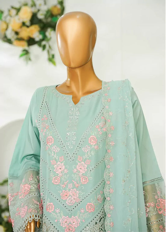 3 Piece Mint Green Color Embroidered Lawn Shirt with Embroidered Trouser & Dupatta