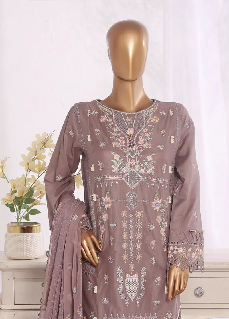 3 Piece Muave Color Embroidered Lawn Shirt with Embroidered Trouser & Dupatta