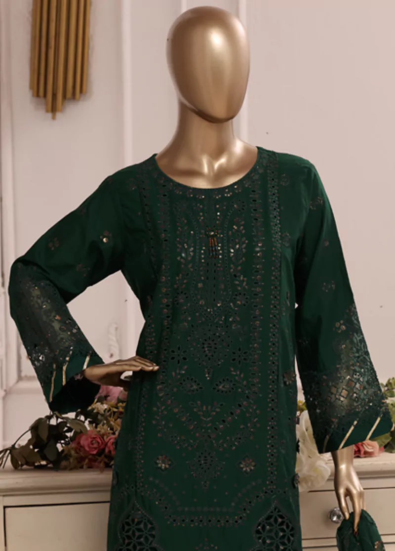 3 Piece Bottle Green Color Embroidered Lawn Shirt with Trouser & Embroidered Dupatta