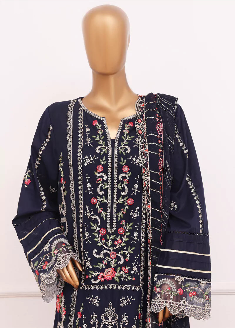 3 Piece Navy Blue Color Embroidered Lawn Shirt with Trouser & Embroidered Dupatta