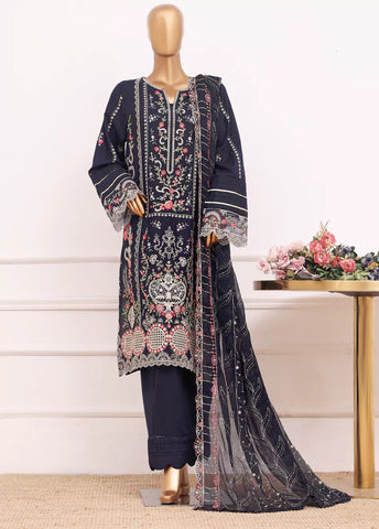 3 Piece Navy Blue Color Embroidered Lawn Shirt with Trouser & Embroidered Dupatta