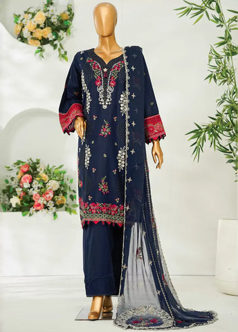 3 Piece Navy Blue Color Embroidered Lawn Shirt with Embroidered Trouser & Dupatta