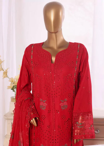 3 Piece Red Color Embroidered Lawn Shirt with Embroidered Trouser & Dupatta