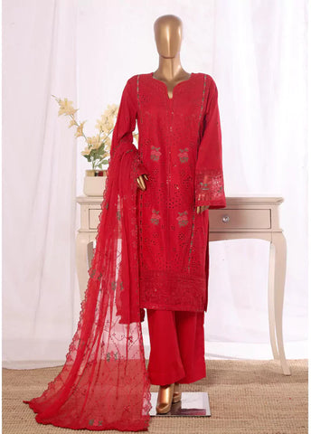3 Piece Red Color Embroidered Lawn Shirt with Embroidered Trouser & Dupatta