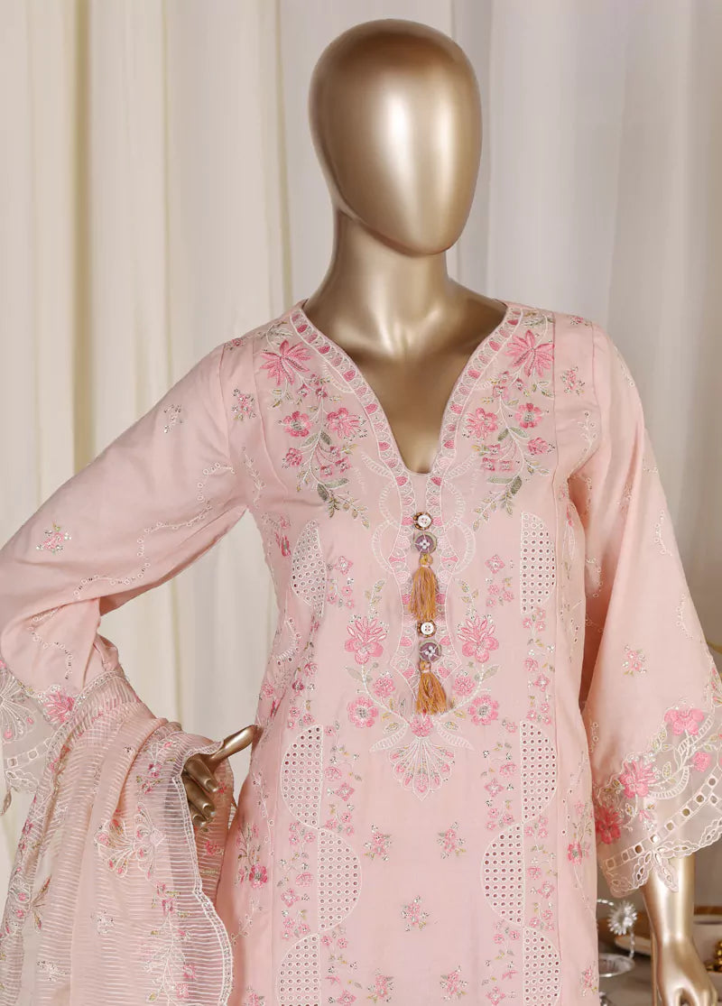 3 Piece Pastel Pink Color Embroidered Lawn Shirt with Trouser & Embroidered Dupatta