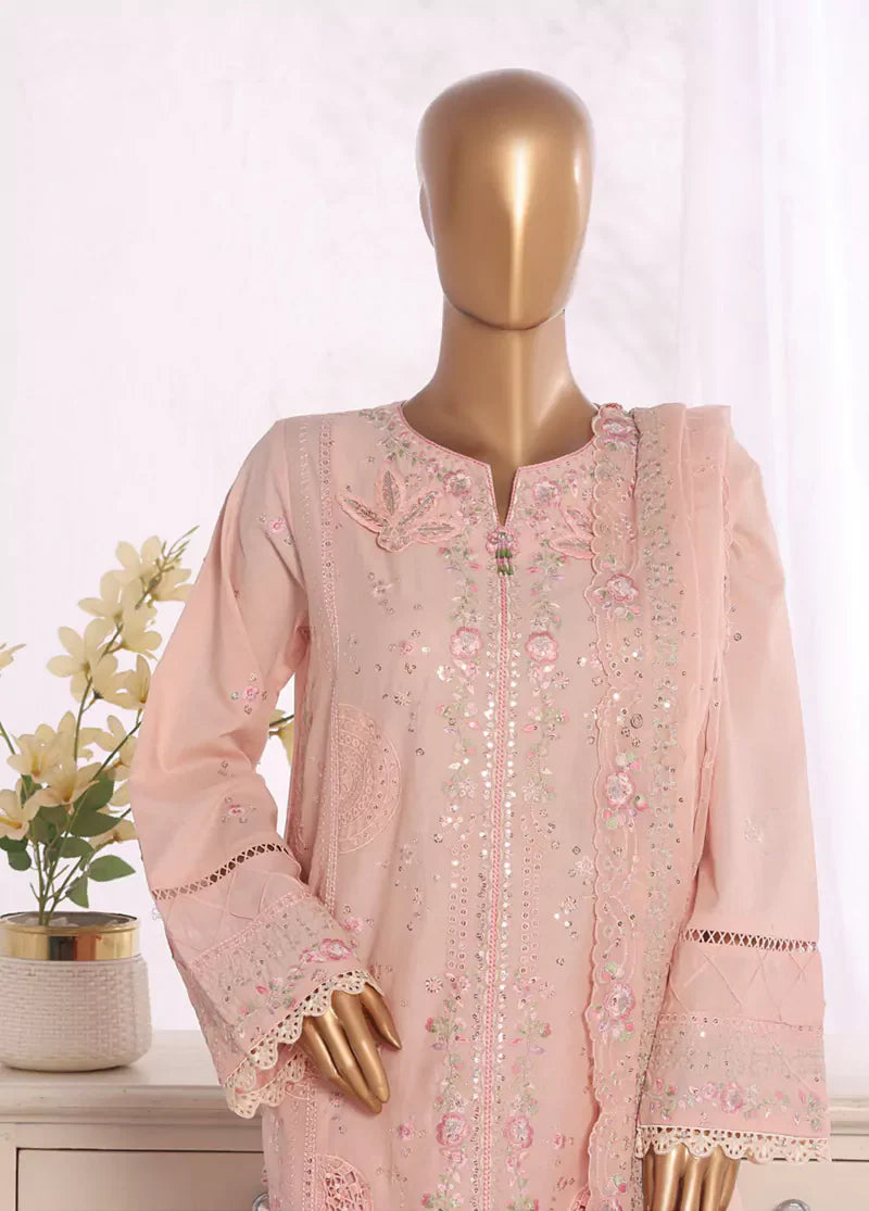 3 Piece Pastel Pink Color Embroidered Lawn Shirt with Embroidered Trouser & Dupatta