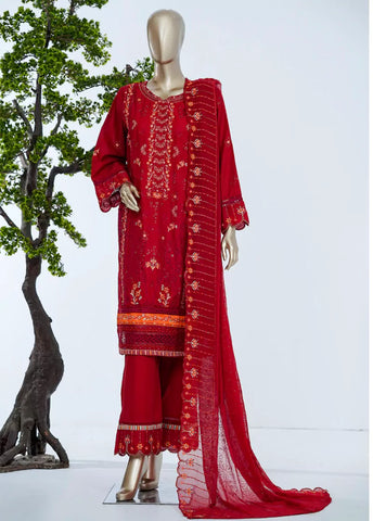 3 Piece Red Color Embroidered Lawn Shirt with Embroidered Trouser & Dupatta