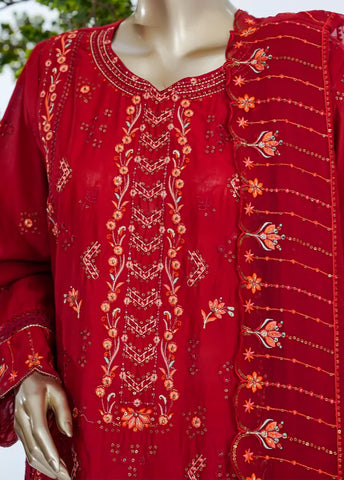 3 Piece Red Color Embroidered Lawn Shirt with Embroidered Trouser & Dupatta