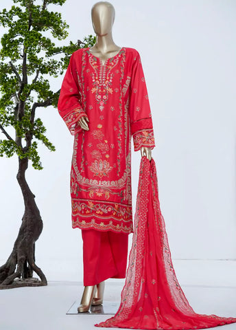 3 Piece Red Color Embroidered Lawn Shirt with Trouser & Embroidered Dupatta