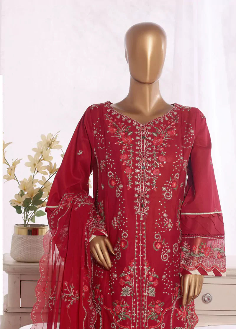 3 Piece Red Color Embroidered Lawn Shirt with Embroidered Trouser & Dupatta