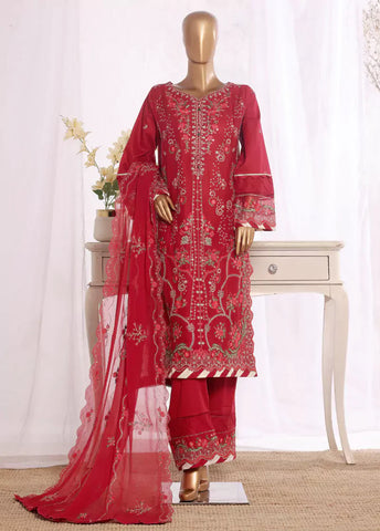 3 Piece Red Color Embroidered Lawn Shirt with Embroidered Trouser & Dupatta
