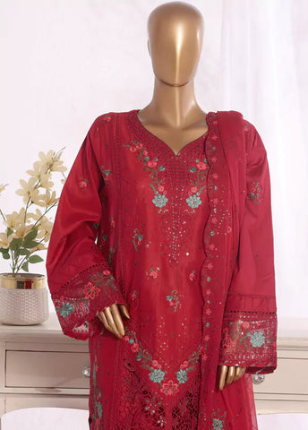 3 Piece Red Color Embroidered Lawn Shirt with Embroidered Trouser & Dupatta