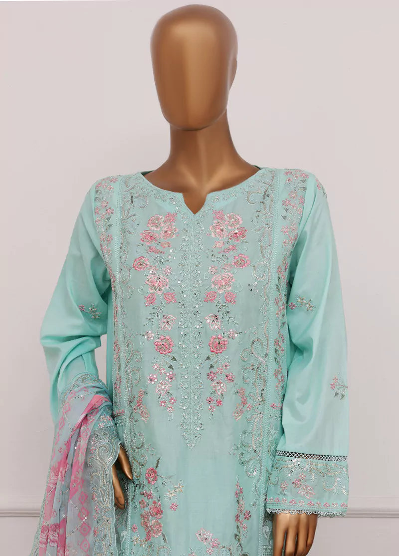 3 Piece Turquoise Color Embroidered Lawn Shirt with Trouser & Embroidered Dupatta