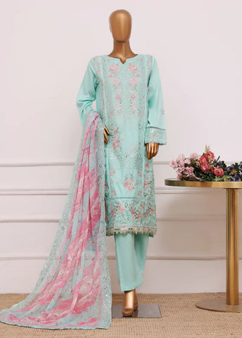 3 Piece Turquoise Color Embroidered Lawn Shirt with Trouser & Embroidered Dupatta