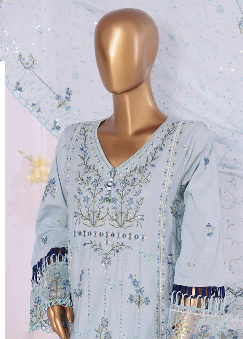 3 Piece Ice Blue Color Embroidered Lawn Shirt with Embroidered Trouser & Dupatta