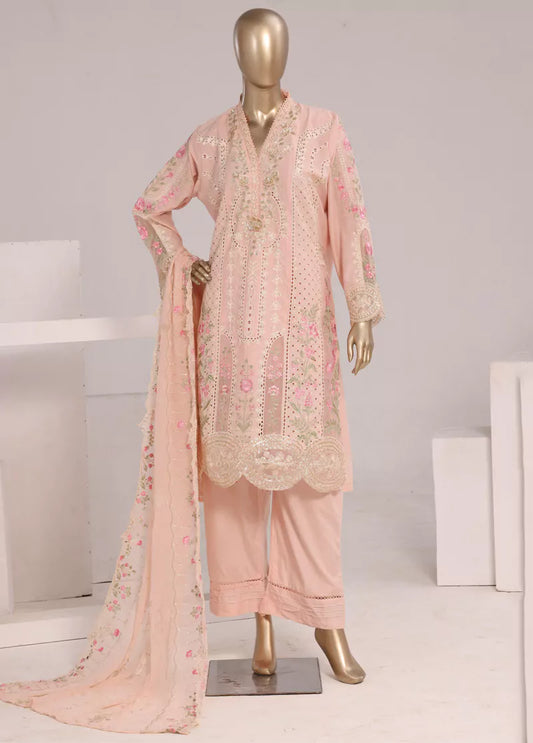 3 Piece Peach Color Embroidered Lawn Shirt with Trouser & Embroidered Dupatta