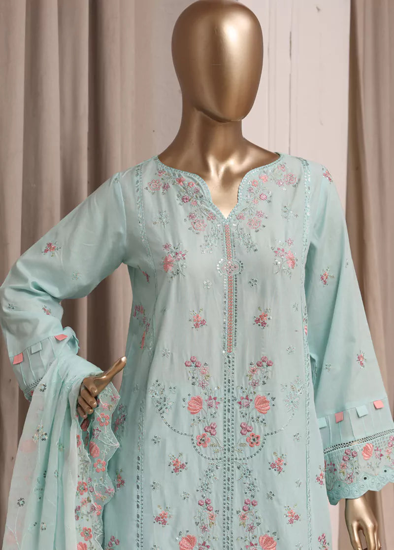 3 Piece Sky Blue Color Embroidered Lawn Shirt with Trouser & Embroidered Dupatta