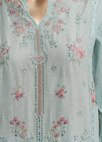 3 Piece Sky Blue Color Embroidered Lawn Shirt with Trouser & Embroidered Dupatta