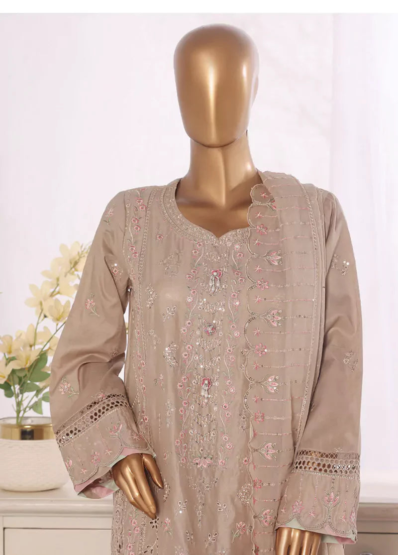 3 Piece Brown Color Embroidered Lawn Shirt with Embroidered Trouser & Dupatta
