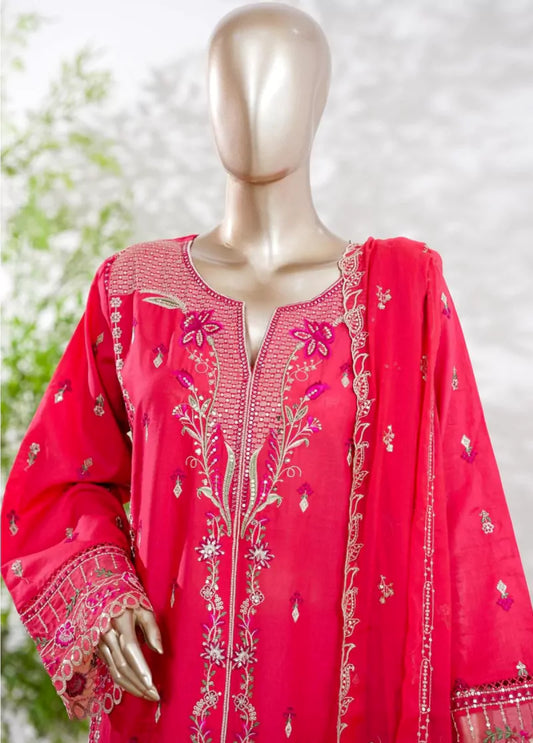 3 Piece Shocking Pink Color Embroidered Lawn Shirt with Trouser & Embroidered Dupatta