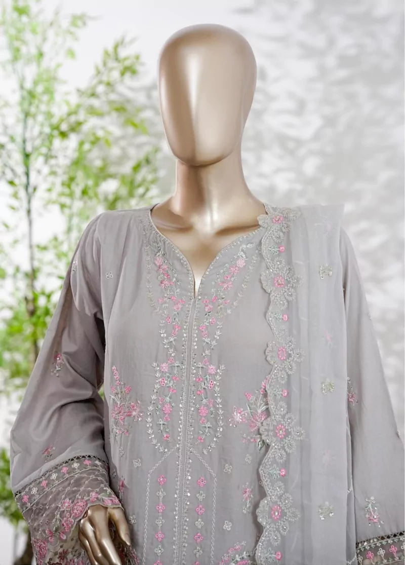 3 Piece Grey Color Embroidered Lawn Shirt with Trouser & Embroidered Dupatta