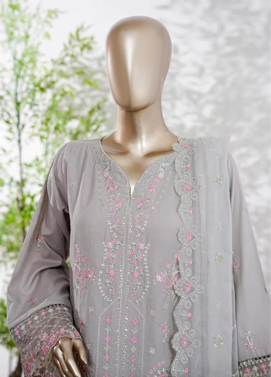 3 Piece Grey Color Embroidered Lawn Shirt with Trouser & Embroidered Dupatta