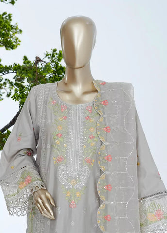 3 Piece Grey Color Embroidered Lawn Shirt with Trouser & Embroidered Dupatta