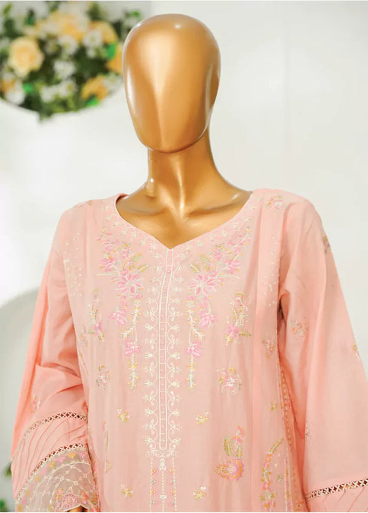 3 Piece Peach Color Embroidered Lawn Shirt with Embroidered Trouser & Dupatta