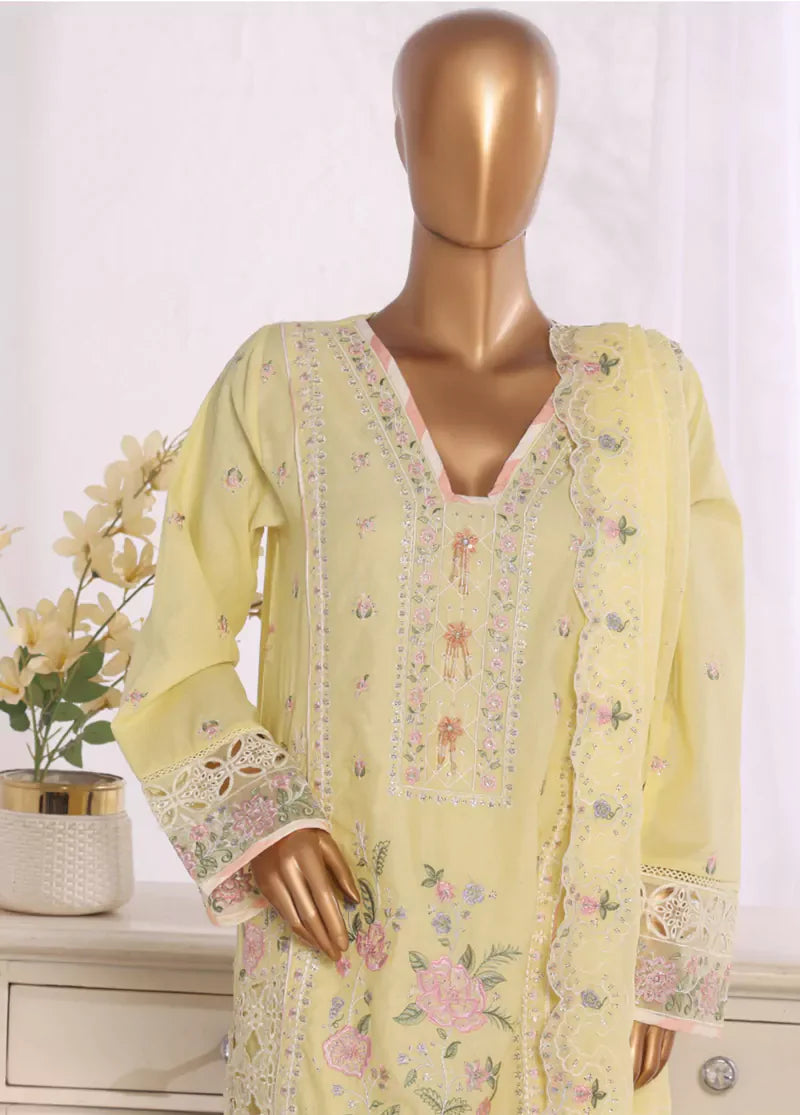 3 Piece Lime Yellow Color Embroidered Lawn Shirt with Embroidered Trouser & Dupatta