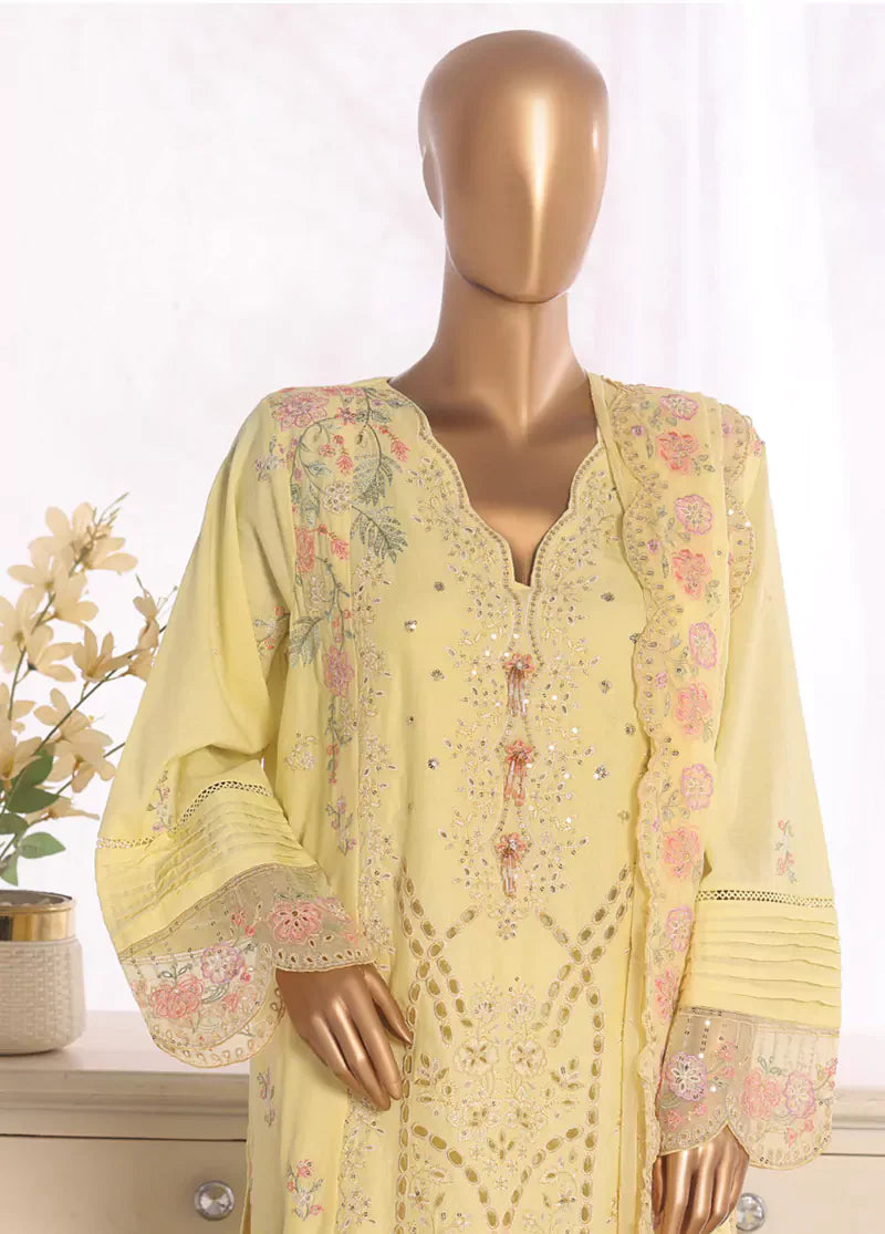 3 Piece Lime Yellow Color Embroidered Lawn Shirt with Embroidered Trouser & Dupatta