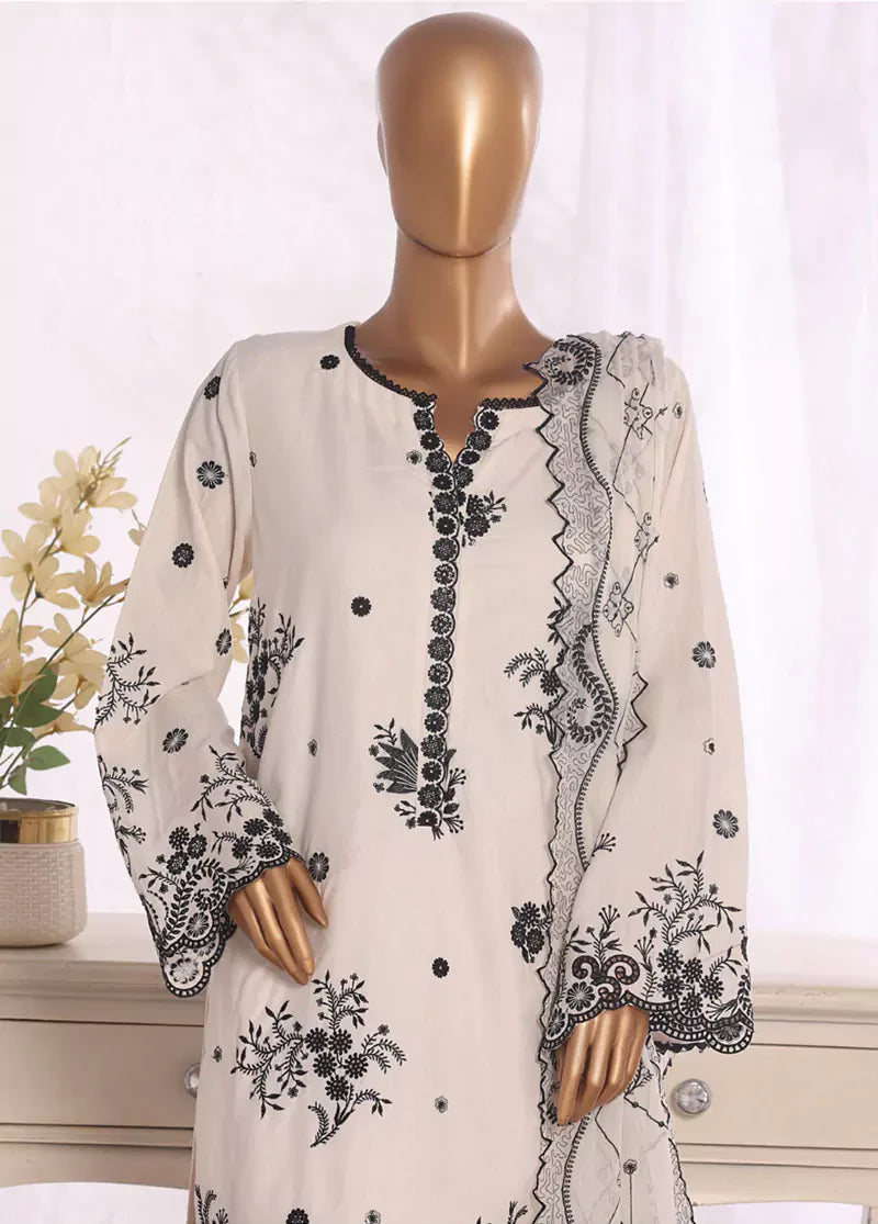 3 Piece Off White Color Embroidered Lawn Shirt with Embroidered Trouser & Dupatta
