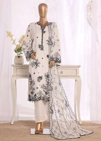 3 Piece Off White Color Embroidered Lawn Shirt with Embroidered Trouser & Dupatta