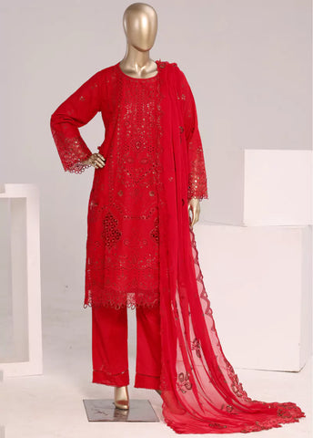 3 Piece Red Color Embroidered Lawn Shirt with Trouser & Embroidered Dupatta