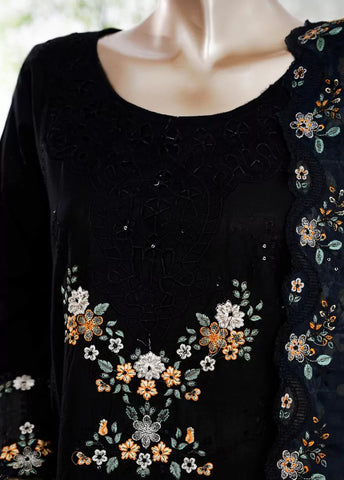 3 Piece Black Color Embroidered Lawn Shirt with Trouser & Embroidered Dupatta