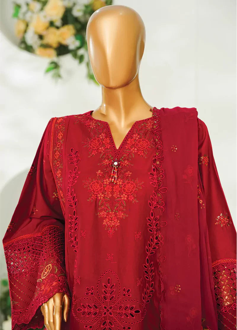 3 Piece Red Color Embroidered Lawn Shirt with Embroidered Trouser & Dupatta