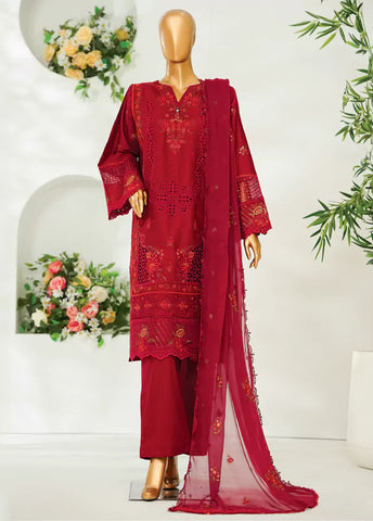 3 Piece Red Color Embroidered Lawn Shirt with Embroidered Trouser & Dupatta